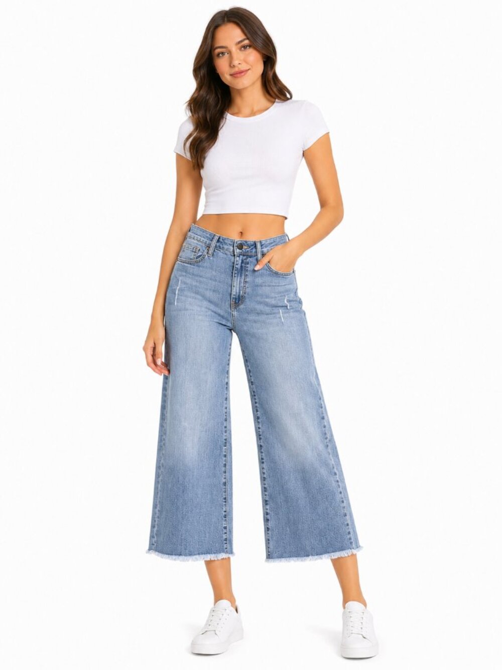 JUST BLACK USA Wide Leg Crop Jeans Light Wash Whiskered Raw Hem Stretch Size 24 - Picture 1 of 16